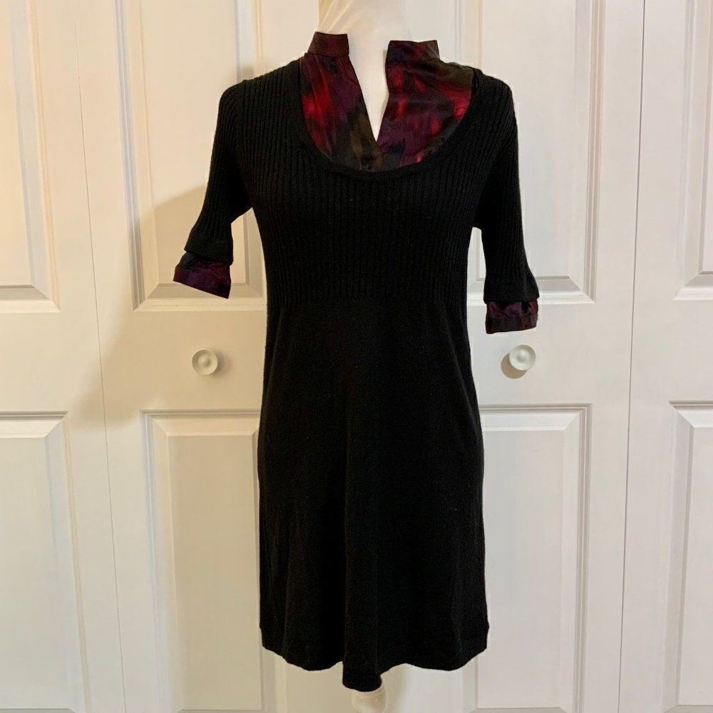 Theory Black Wool Knit Removable Collar Sweater Dress Medium